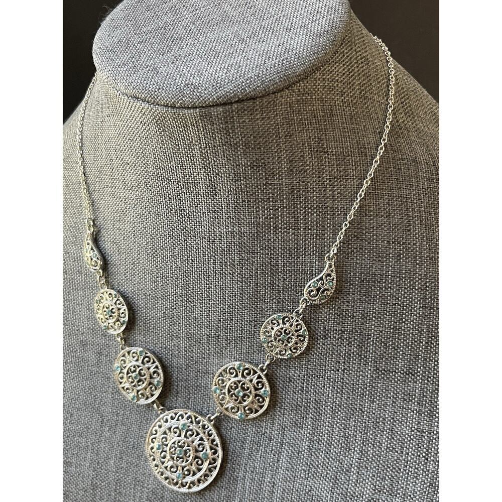 GV9 Statement Necklace Silver Tone Blue Crystal Medallion Choker Cocktail Boho
